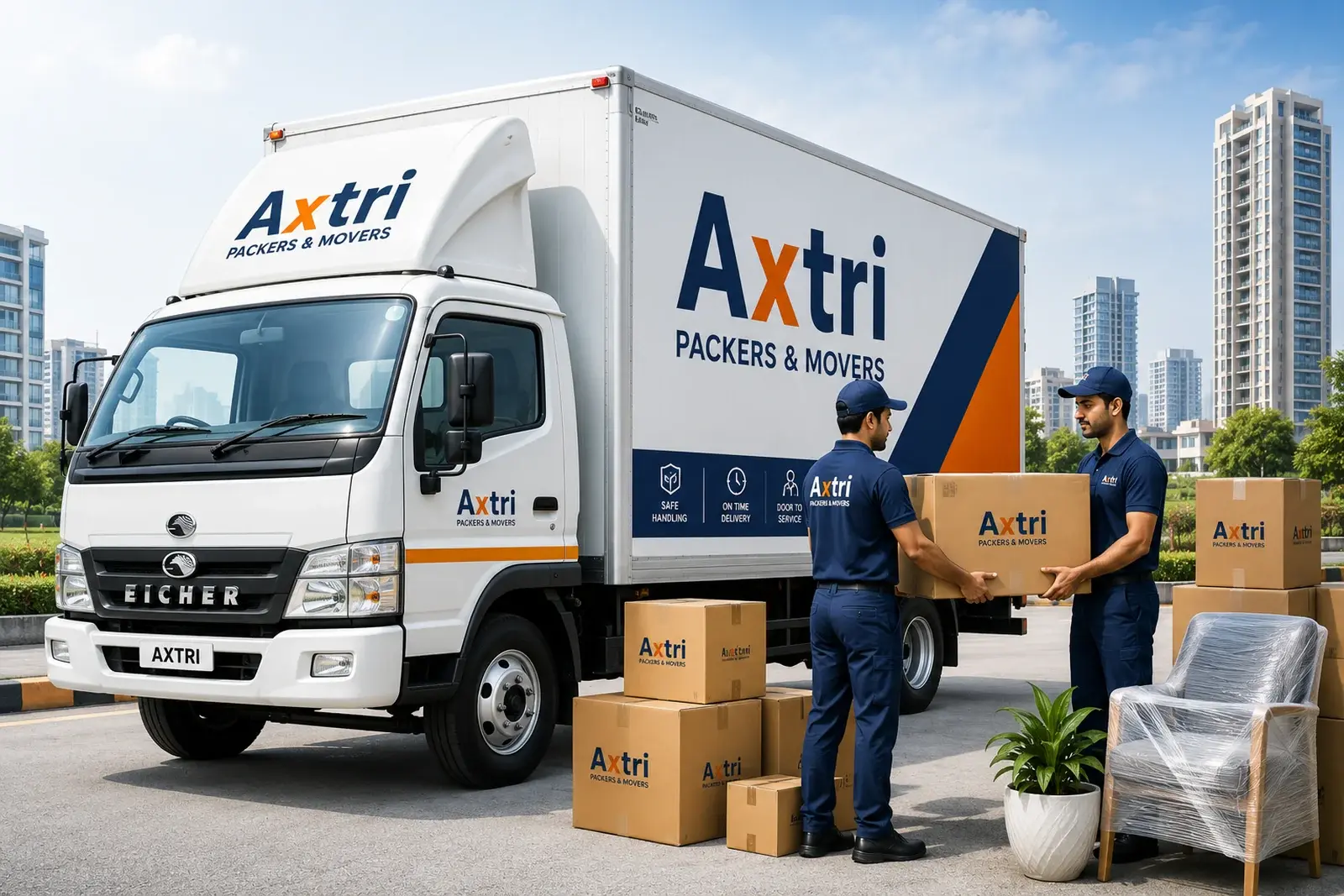 Two Axtri Packers and Movers staff loading branded cartons into an Axtri truck