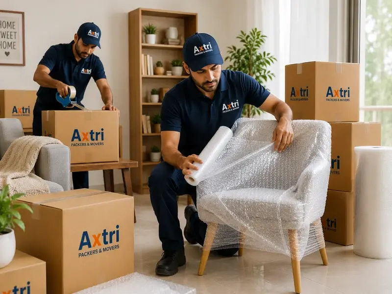 An Axtri mover wrapping an armchair in bubble wrap during a household move