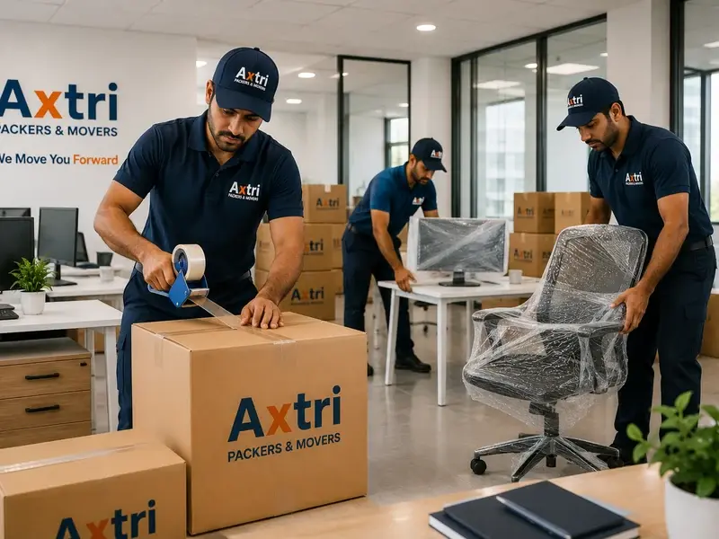 An Axtri crew taping cartons and wrapping an office chair during an office relocation
