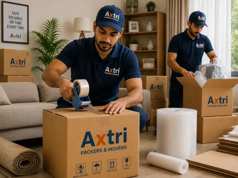 An Axtri mover taping a carton shut while a colleague wraps items in bubble wrap