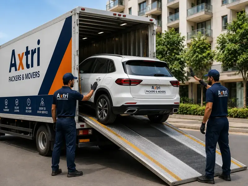An Axtri crew loading a car up a ramp into a covered Axtri carrier